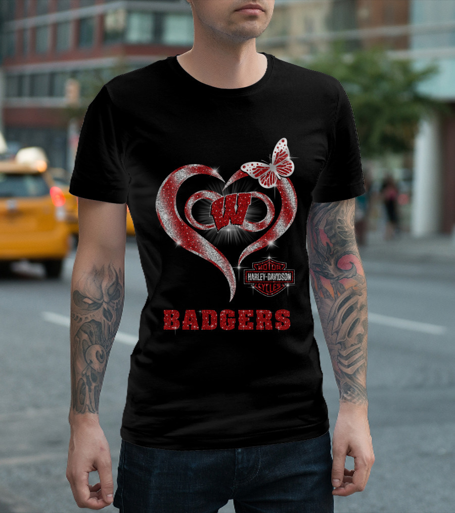 Wisconsin Badgers W Heart Harley Davidson Styles Butterfly T-Shirt