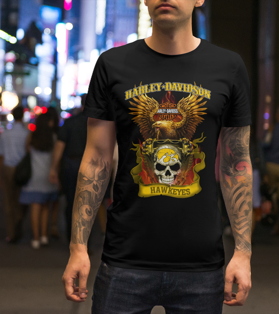 Harley Davidson Motorcycles Hawkeyes Iowa Hawkeyes Eagle Skull Flame T-Shirt