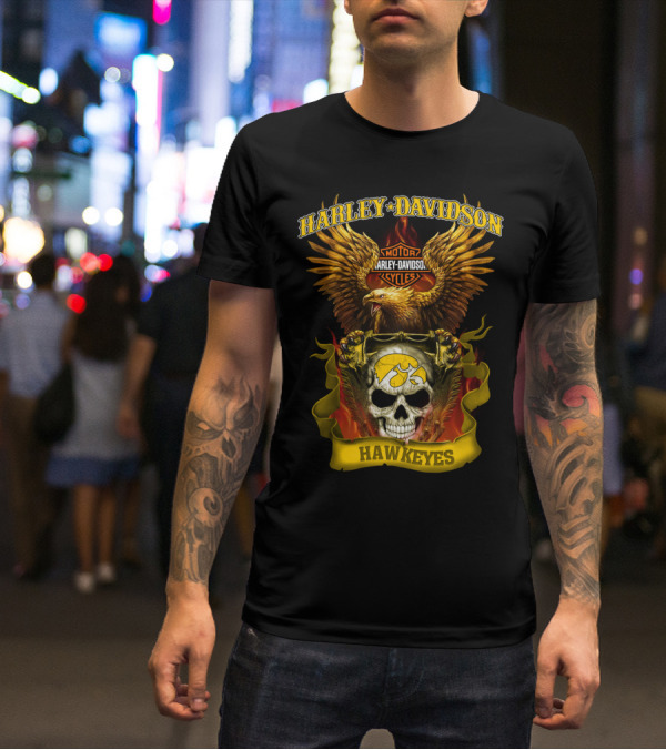 Harley Davidson Motorcycles Hawkeyes Iowa Hawkeyes Eagle Skull Flame T-Shirt