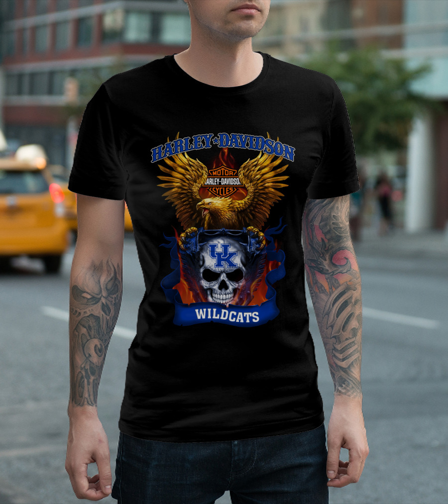 Harley Davidson Motor Cycles Kentucky Wildcats Skull Eagle Flames T-Shirt