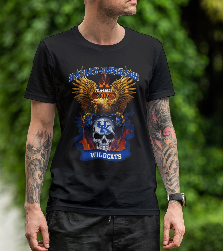 Harley Davidson Motor Cycles Kentucky Wildcats Skull Eagle Flames T-Shirt