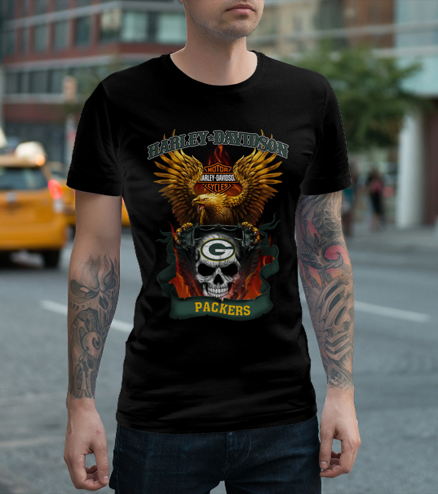 Harley Davidson Motorcycles Green Bay Packers Eagle Skull T-Shirt
