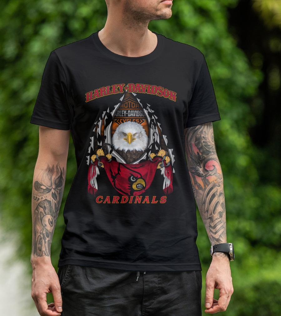 Harley Davidson Ncaa Louisville Cardinals Motor Cycles Eagle Red Sleeve T-Shirt