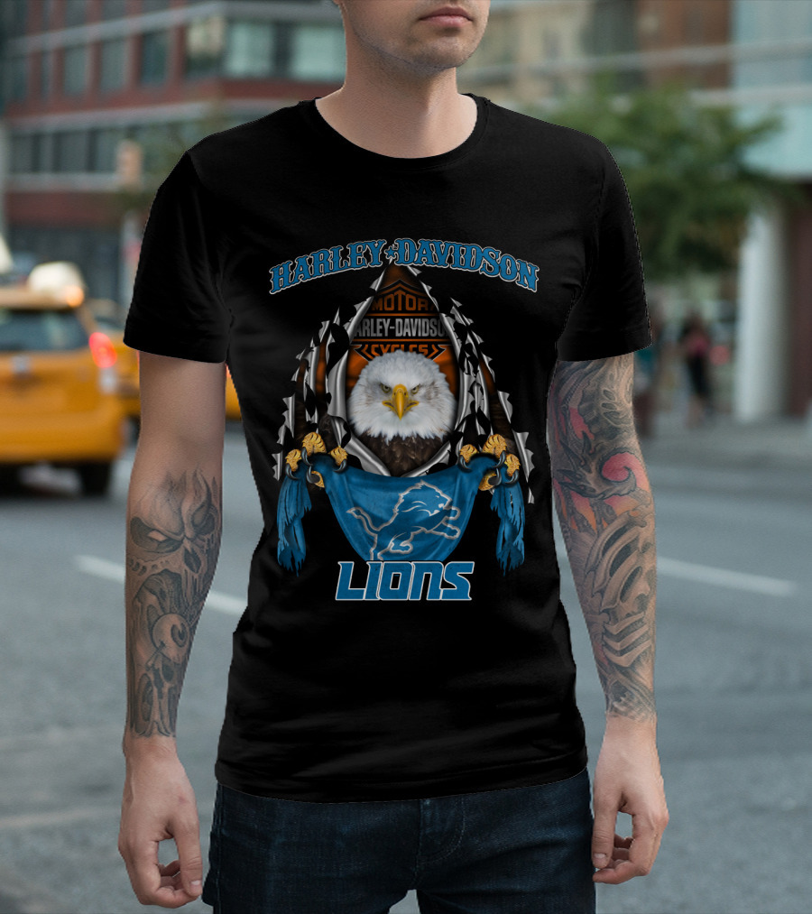 Harley Davidson Motor Cycles Eagle Detroit Lions T-Shirt