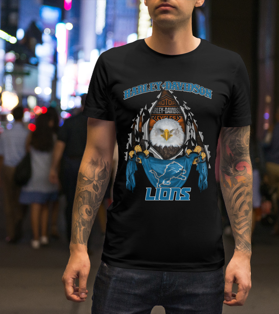 Harley Davidson Motor Cycles Eagle Detroit Lions T-Shirt