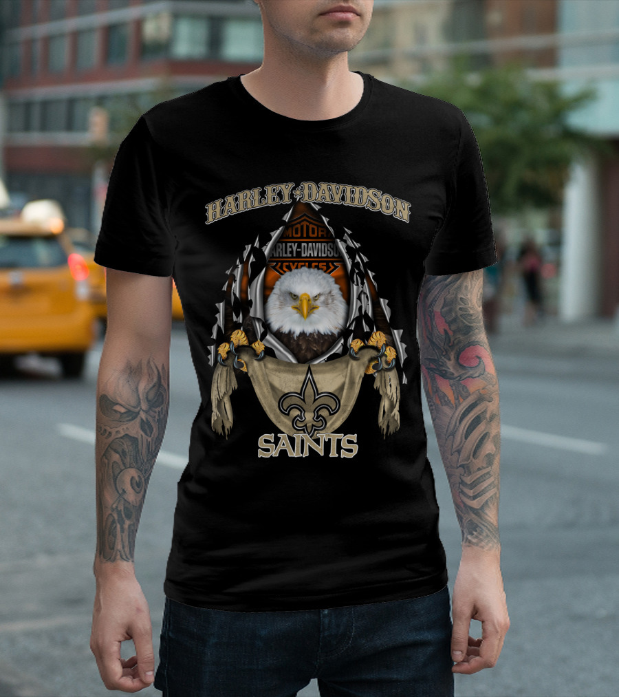 Harley Davidson Saints Fleur-De-Lis With Eagle And Motorcycle T-Shirt