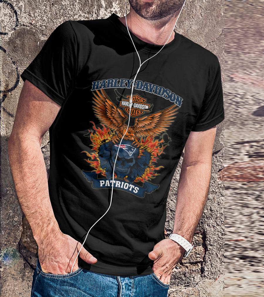 Harley Davidson Motor Cycles Patriots New England Nfl Skull Fire Wings T-Shirt