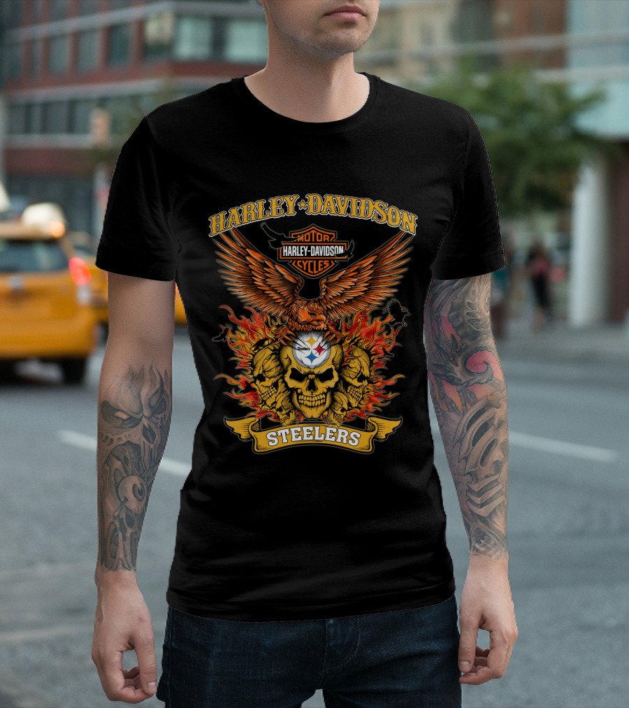 Harley Davidson Motorcycles Steelers Skull With Fire And Eagle 0304 Nfl Pittsburgh Steelers T-Shirt