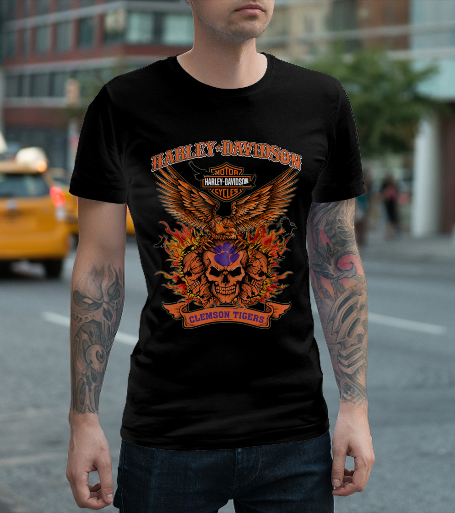 Harley Davidson Clemson Tigers Skull Flame Wings T-Shirt