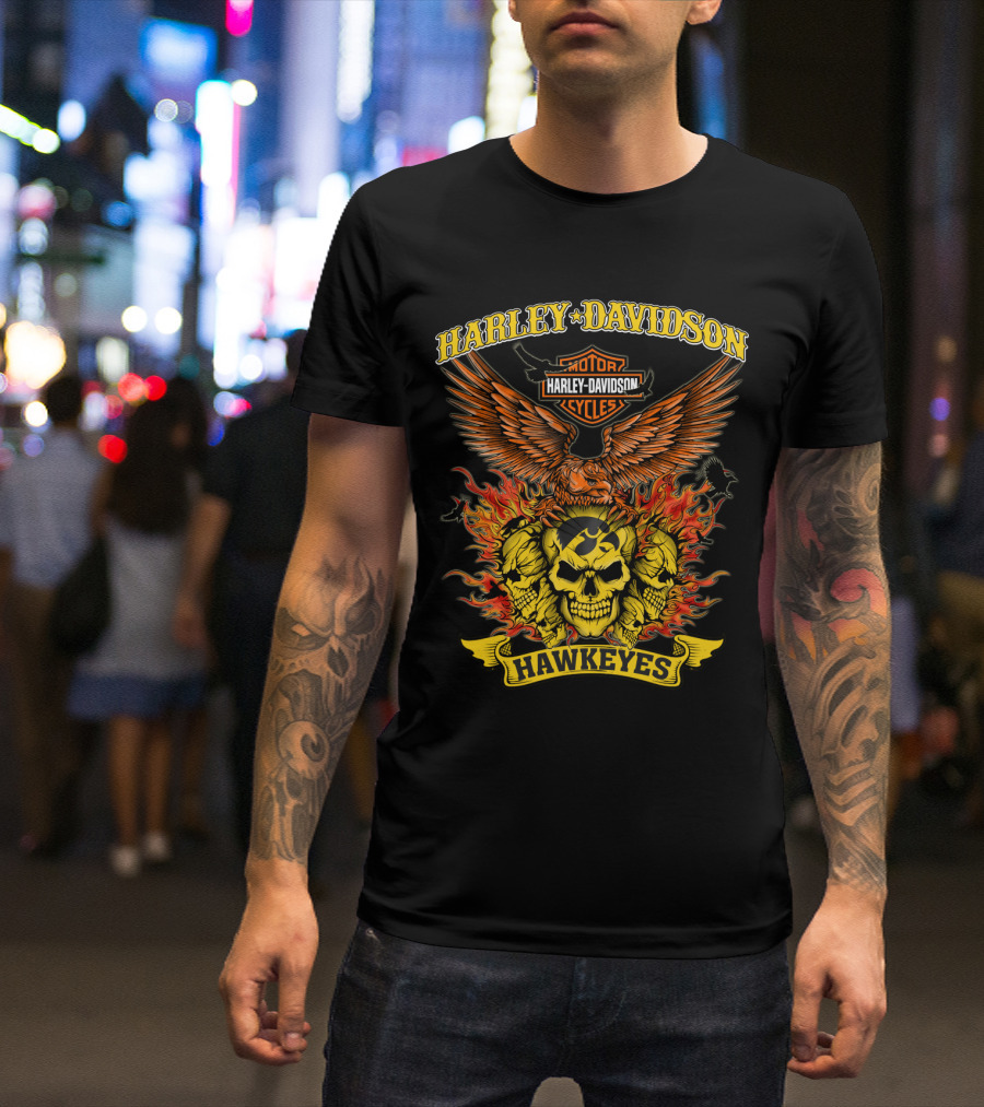 Harley Davidson Iowa Hawkeyes Flaming Skulls And Eagle T-Shirt