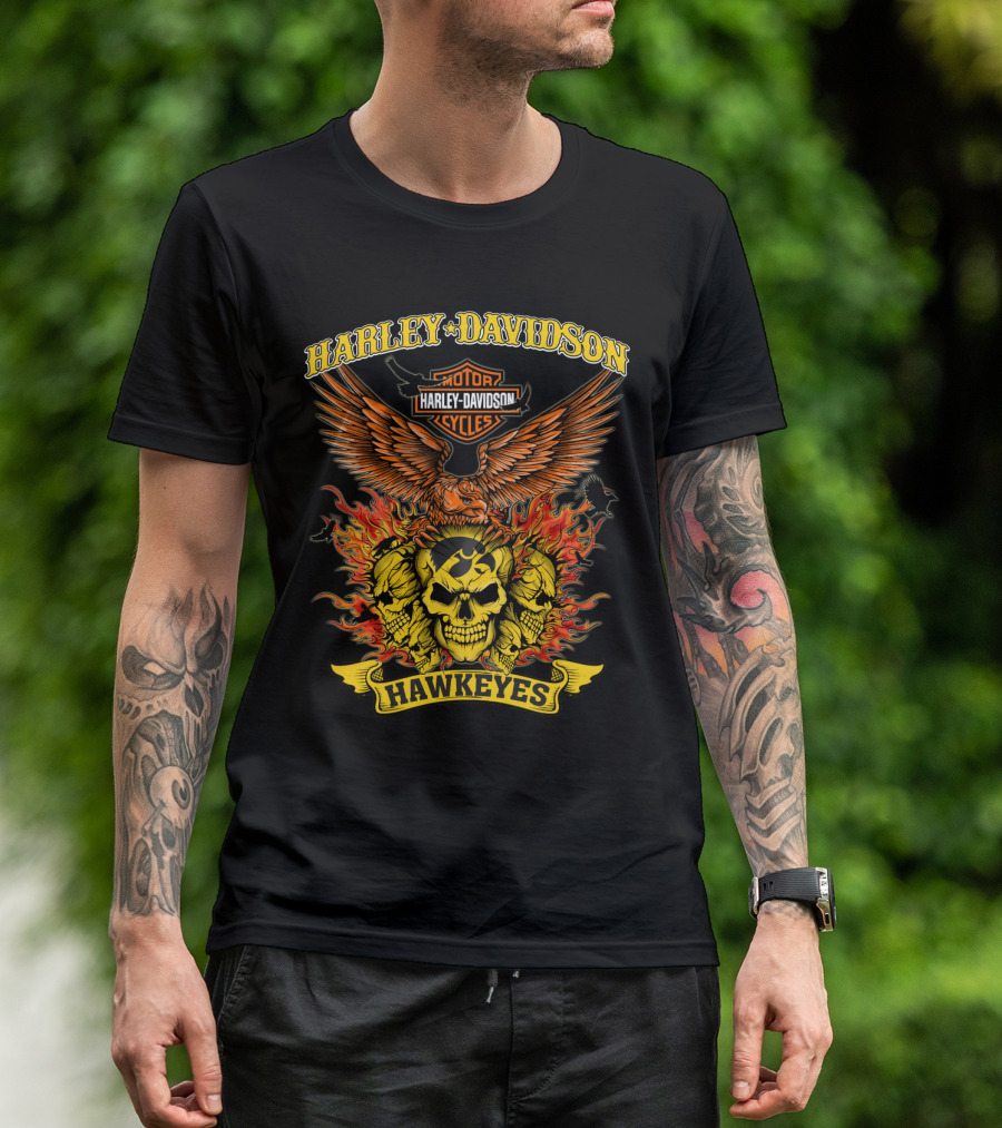 Harley Davidson Iowa Hawkeyes Flaming Skulls And Eagle T-Shirt