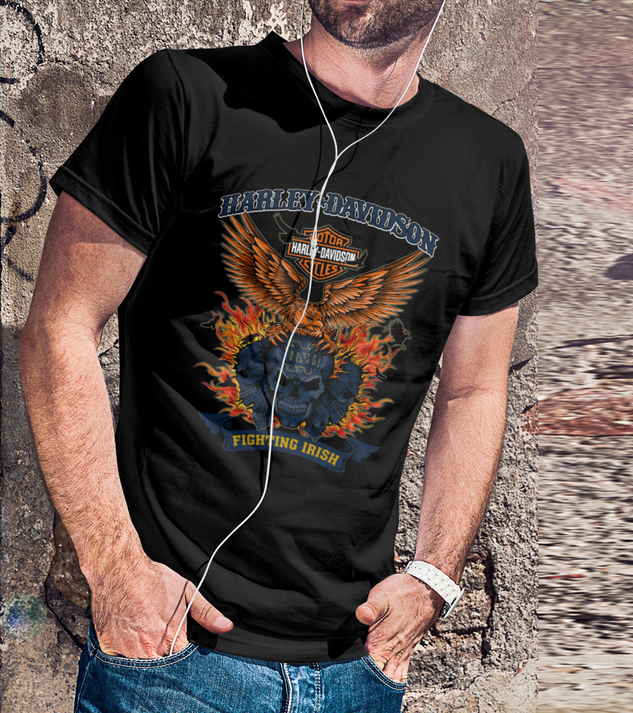 Harley Davidson Notre Dame Fighting Irish Skull And Flames T-Shirt