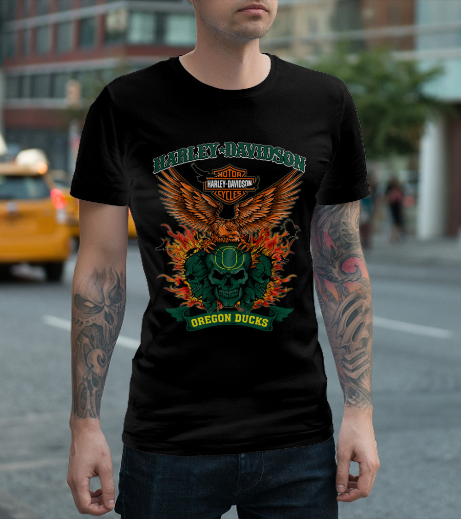 Harley Davidson Oregon Ducks Flaming Skull Eagle T-Shirt