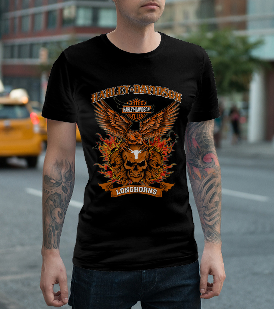 Harley Davidson Motor Cycles Longhorns Flaming Skull Eagle T-Shirt