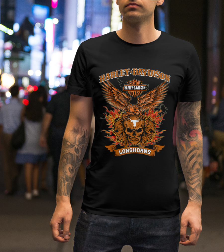 Harley Davidson Motor Cycles Longhorns Flaming Skull Eagle T-Shirt