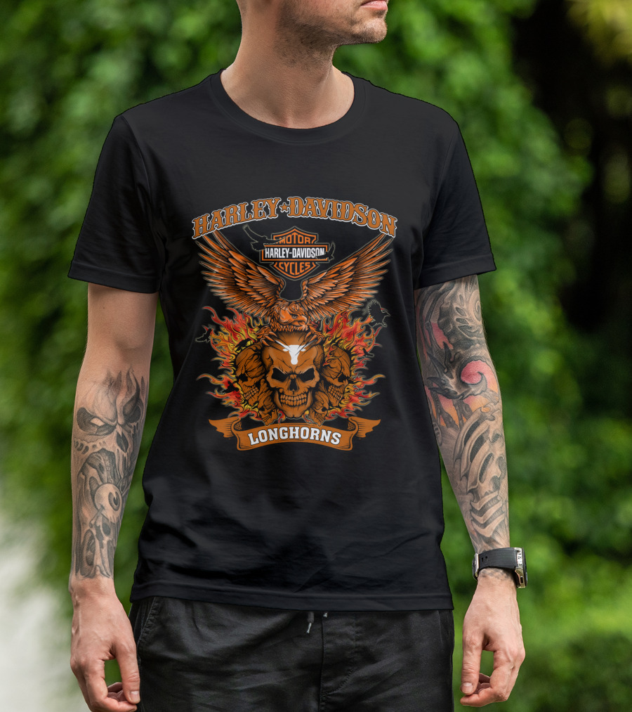 Harley Davidson Motor Cycles Longhorns Flaming Skull Eagle T-Shirt