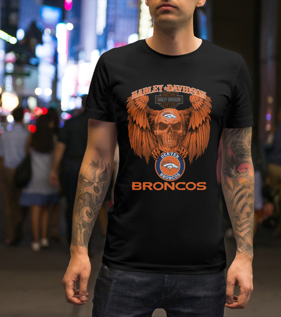 Harley Davidson Denver Broncos Nfl Skull Wings T-Shirt