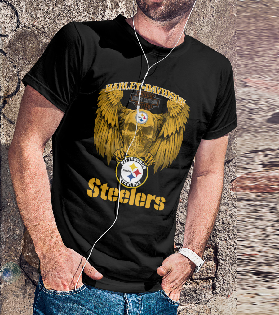 Harley Davidson Pittsburgh Steelers Skull Motor Cycles Winged T-Shirt