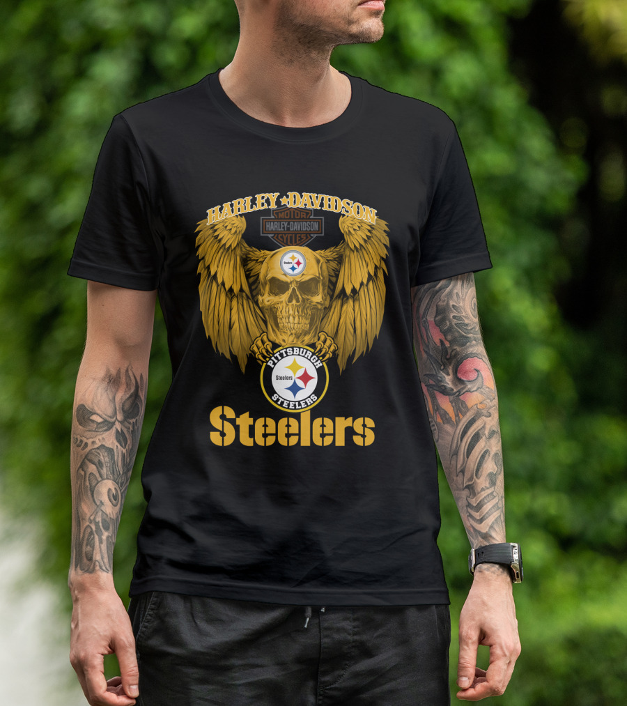 Harley Davidson Pittsburgh Steelers Skull Motor Cycles Winged T-Shirt