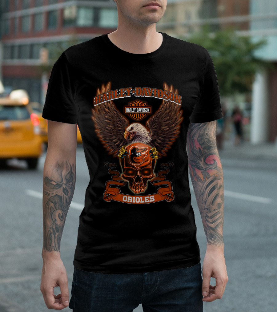 Harley Davidson Baltimore Orioles Skull Eagle Motorcycles T-Shirt