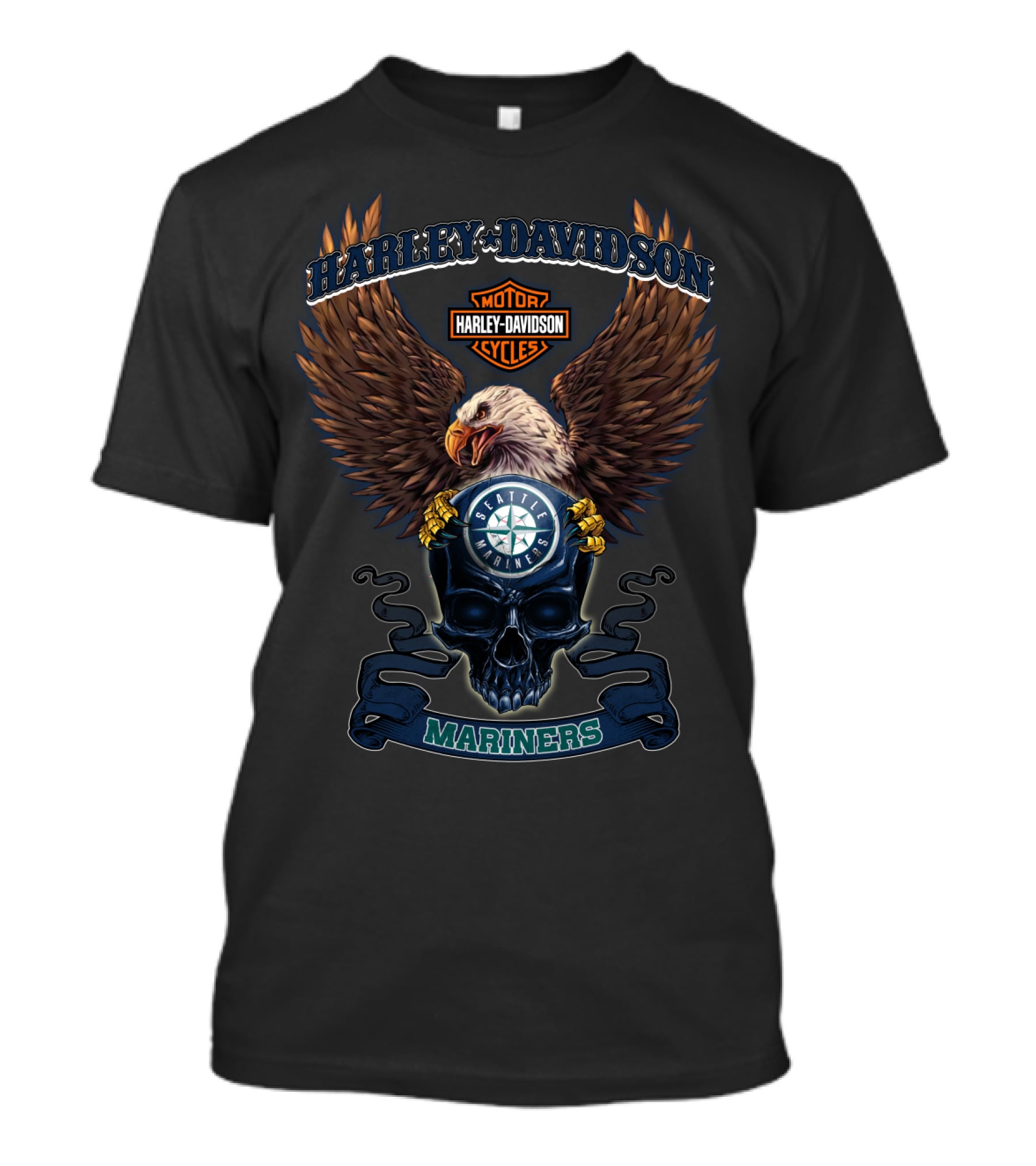 Harley Davidson Motor Cycles Seattle Mariners Eagle Skull T-Shirt