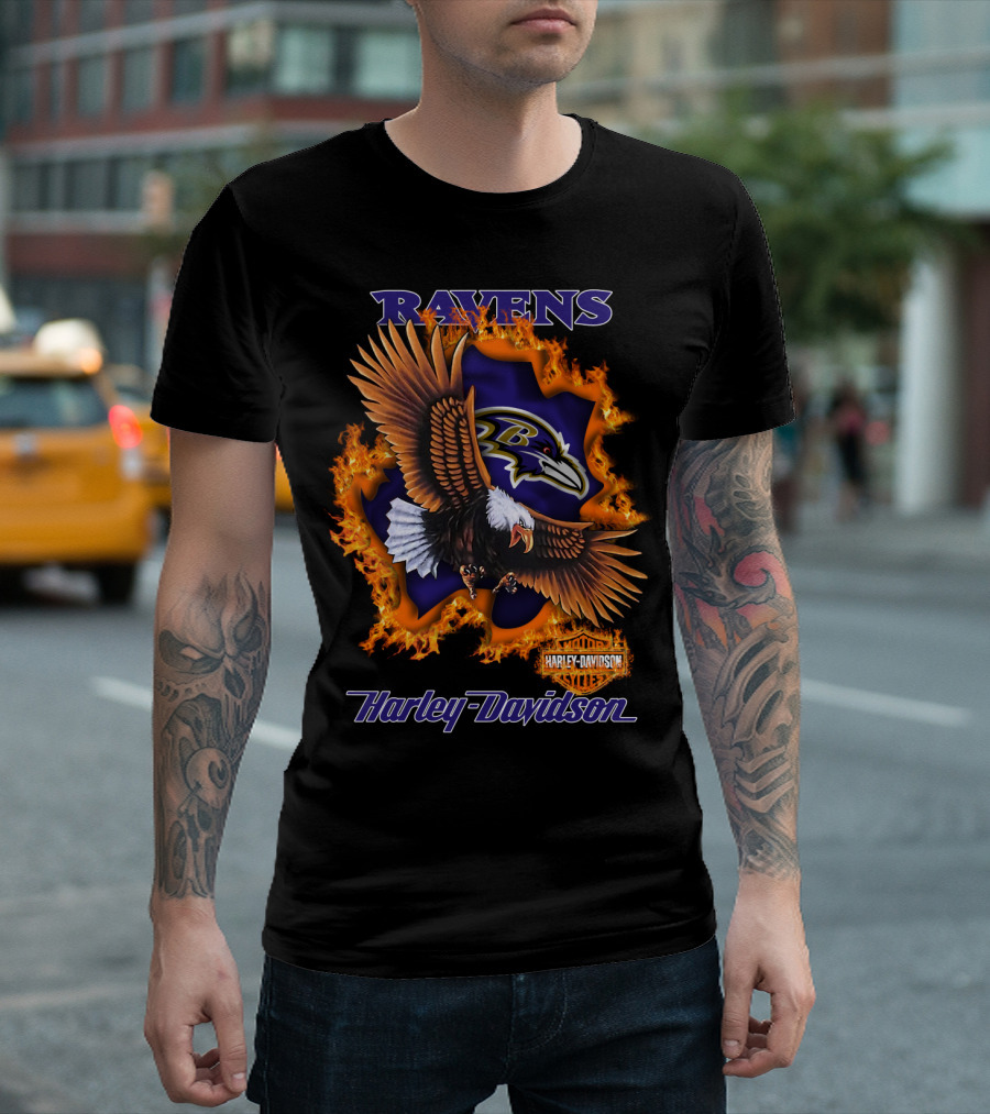 Ravens Harley Davidson Baltimore Ravens Logo Eagle Fire T-Shirt