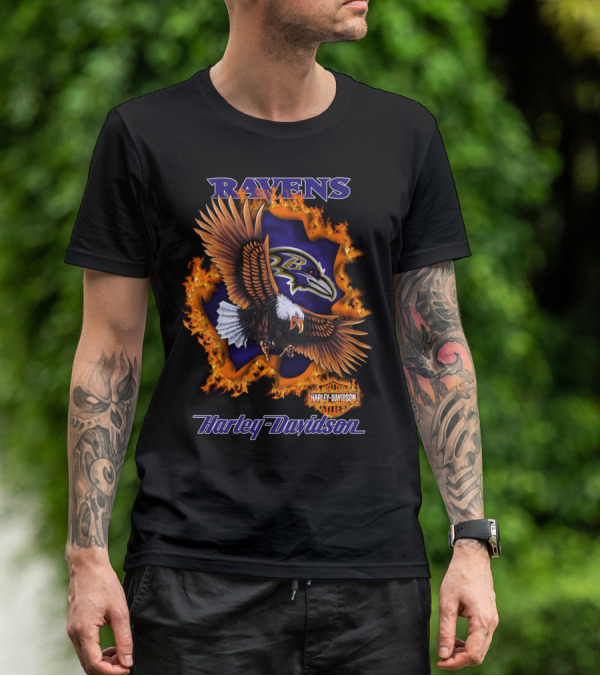 Ravens Harley Davidson Baltimore Ravens Logo Eagle Fire T-Shirt