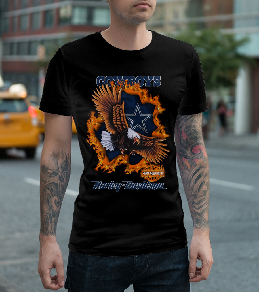 Cowboys Harley Davidson Eagle With Star And Flames T-Shirt