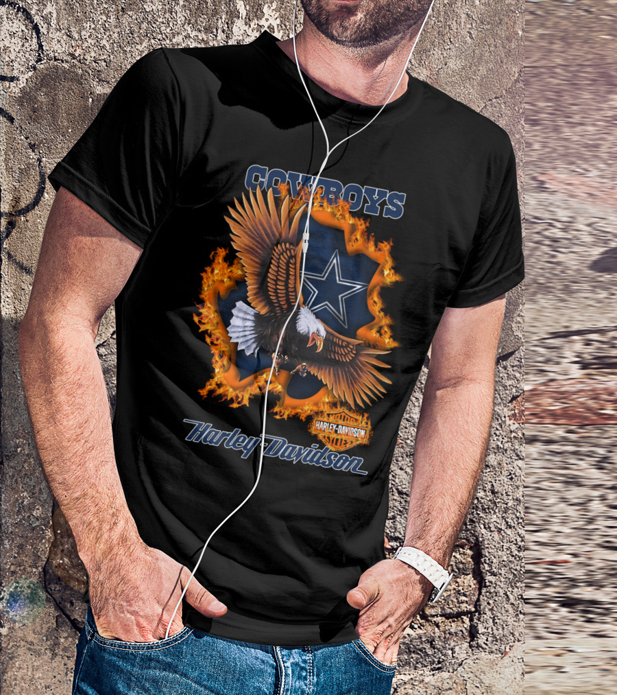 Cowboys Harley Davidson Eagle With Star And Flames T-Shirt