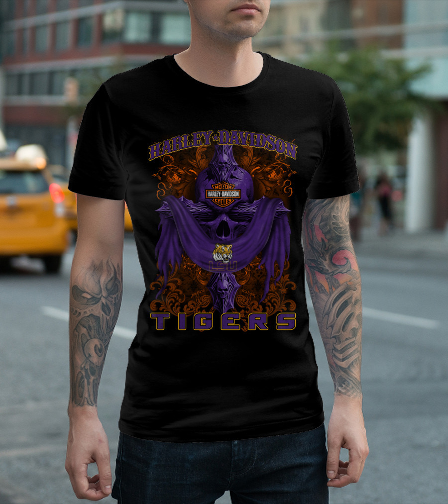 Harley Davidson Lsu Tigers Motorcycle Cycles Skull T-Shirt