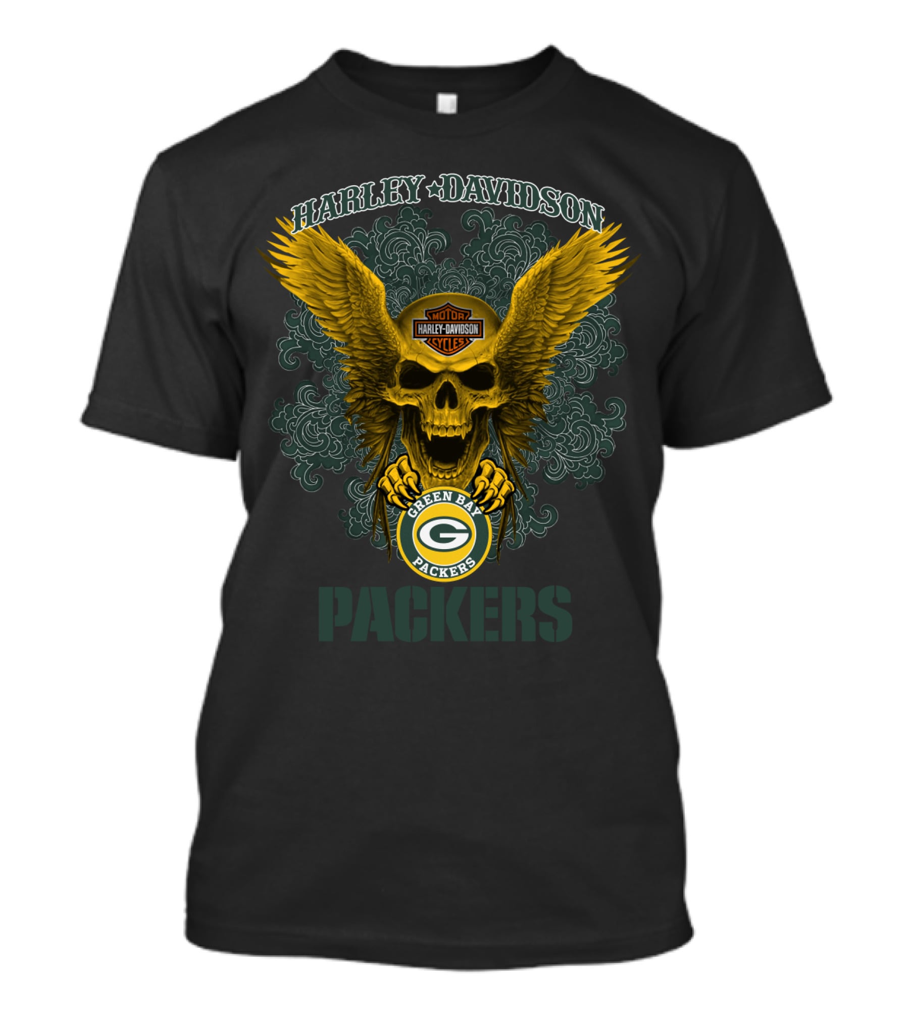 Harley Davidson Green Bay Packers Skull Wings T-Shirt
