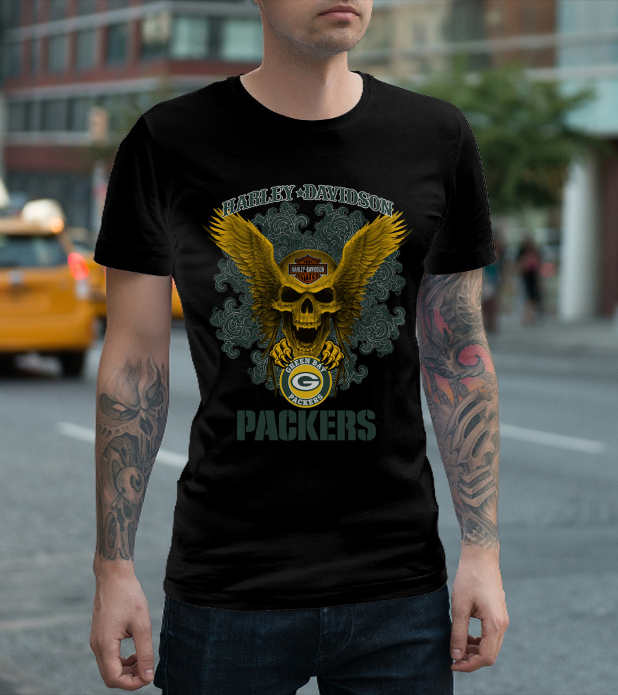 Harley Davidson Green Bay Packers Skull Wings T-Shirt
