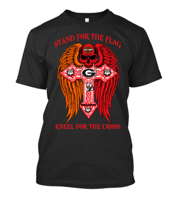 Stand For The Flag Kneel For The Cross Georgia Bulldogs Harley Davidson Riding Skull With Wings T-Shirt