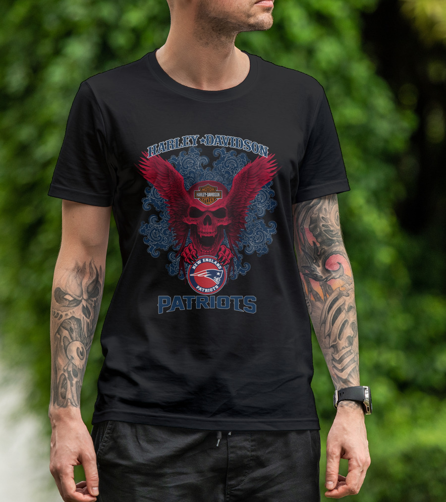 Harley Davidson New England Patriots Nfl Skulls And Wings T-Shirt