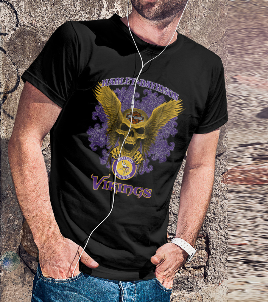 Harley Davidson Minnesota Vikings Skull Wings T-Shirt
