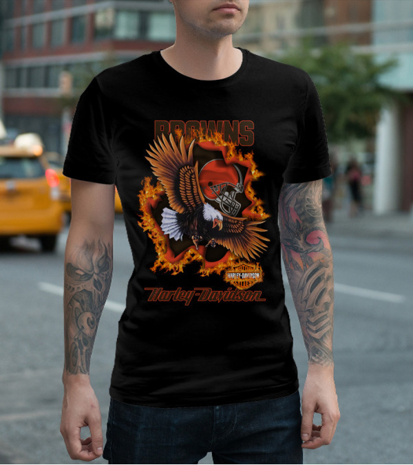 Browns Harley Davidson Nfl 84 Cleveland Browns Eagle Helmet Flames T-Shirt