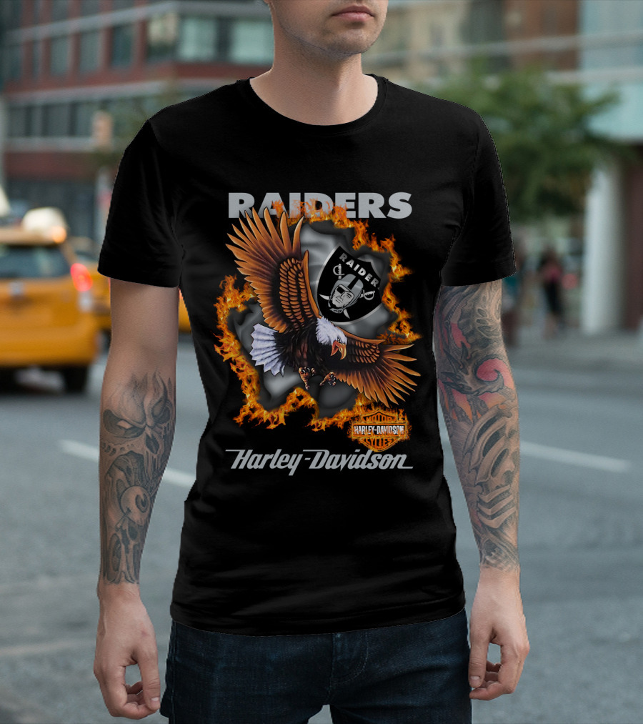 Raiders Harley Davidson Eagle Flames Nfl 84 Oakland Raiders T-Shirt