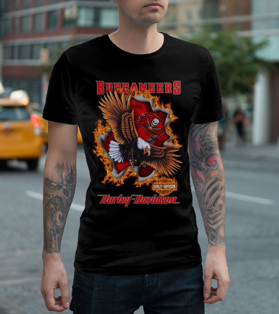 Harley Davidson Buccaneers Tampa Bay Nfl Eagle Logo Fire T-Shirt
