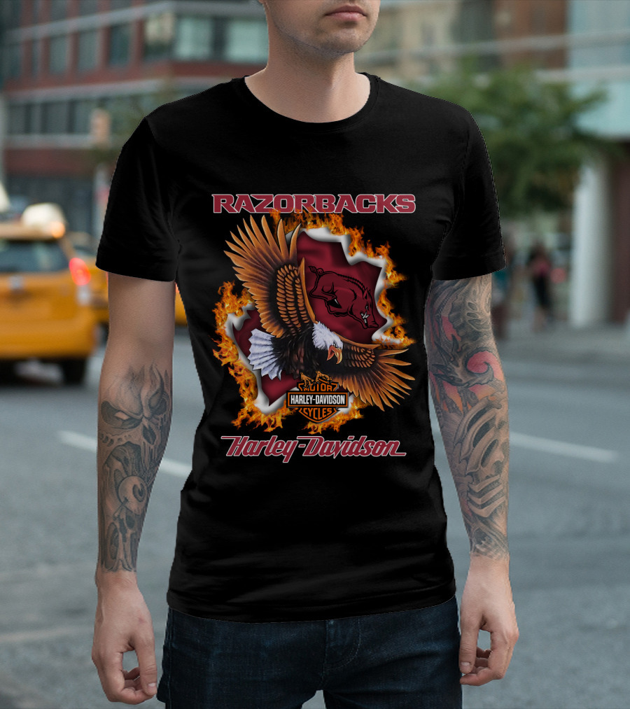 Razorbacks Harley Davidson Cycles Eagle And Flame T-Shirt