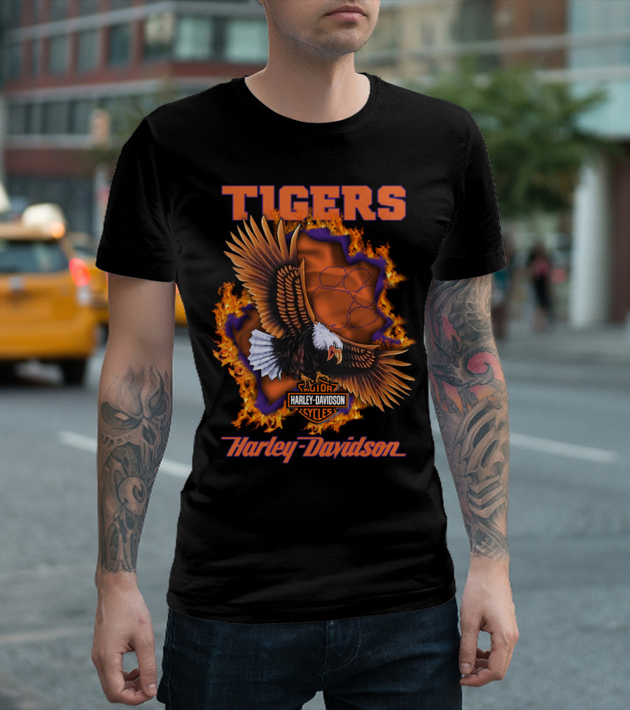 Tigers Harley Davidson Cycles Eagle Flames T-Shirt
