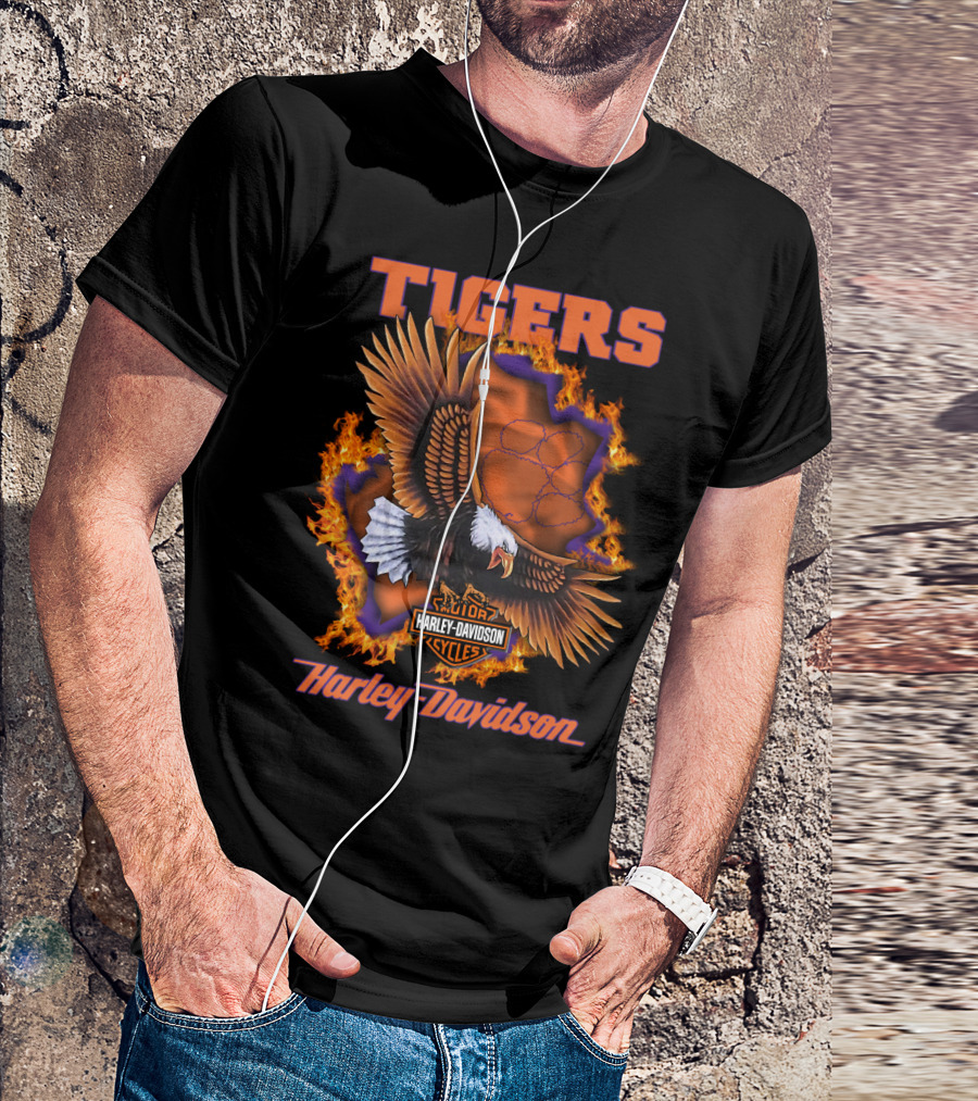Tigers Harley Davidson Cycles Eagle Flames T-Shirt