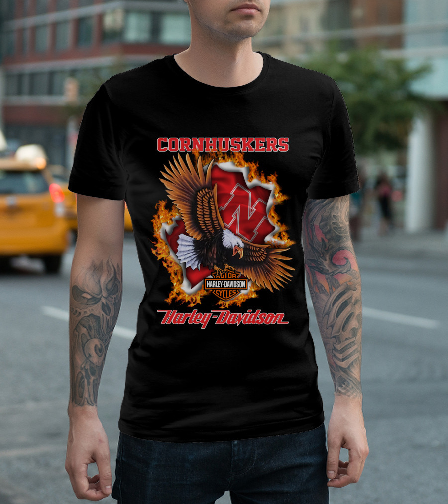 Cornhuskers Harley Davidson Ncaa Nebraska Eagles Flame T-Shirt