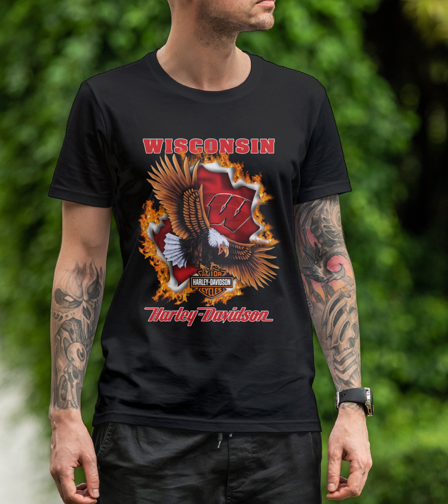 Wisconsin Harley Davidson Ncaa Badgers Flames Eagle T-Shirt