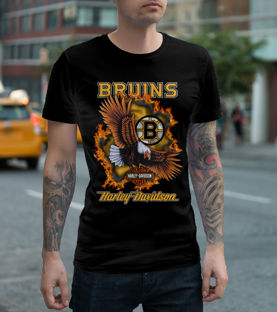 Boston Bruins Harley Davidson Cycles Eagle Flames T-Shirt