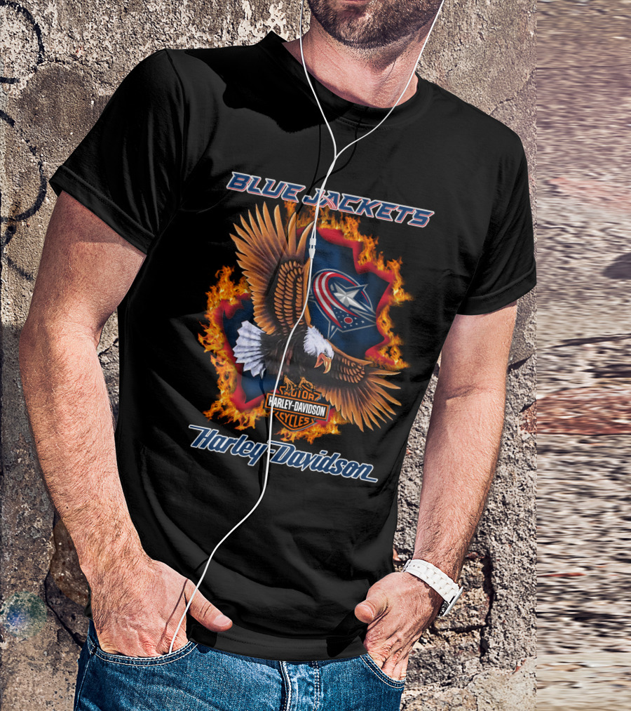 Blue Jackets Harley Davidson Columbus Nhl Cycles Eagle Flame T-Shirt