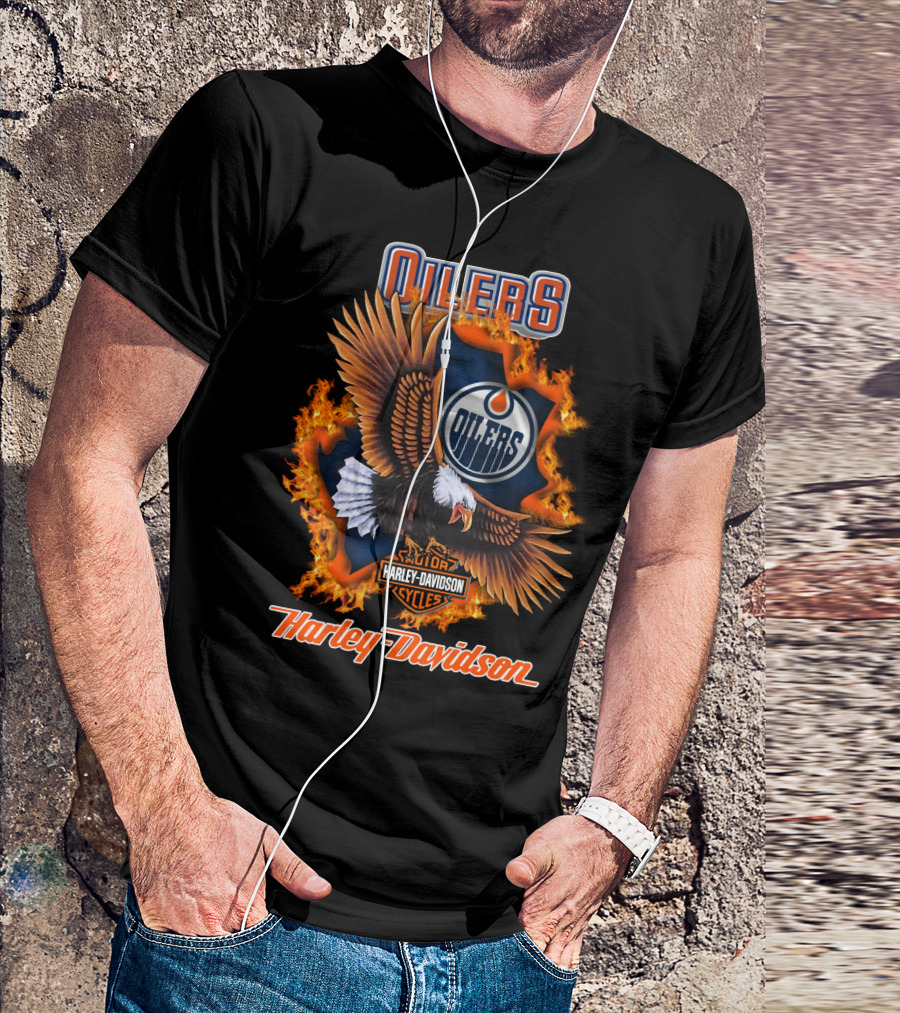 Oilers Edmonton Oilers Harley Davidson Cycles Eagle Flame T-Shirt
