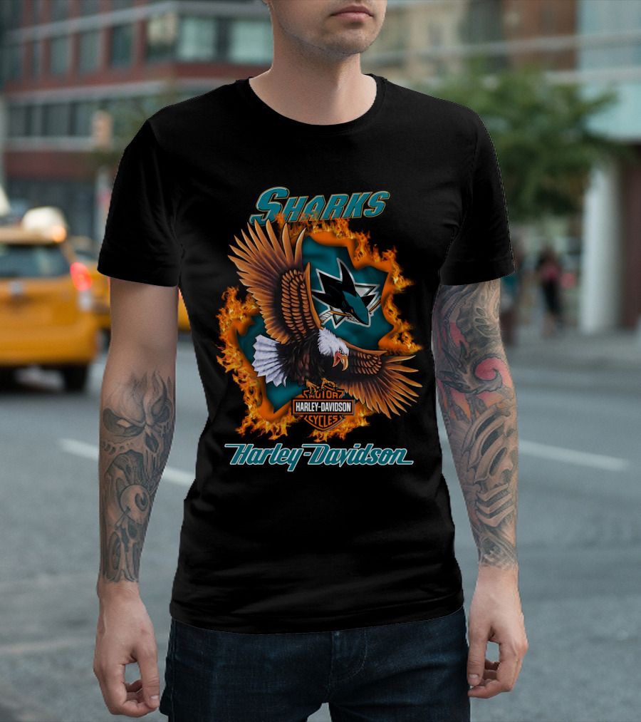 San Jose Sharks Harley Davidson Cycles Eagle Flame T-Shirt