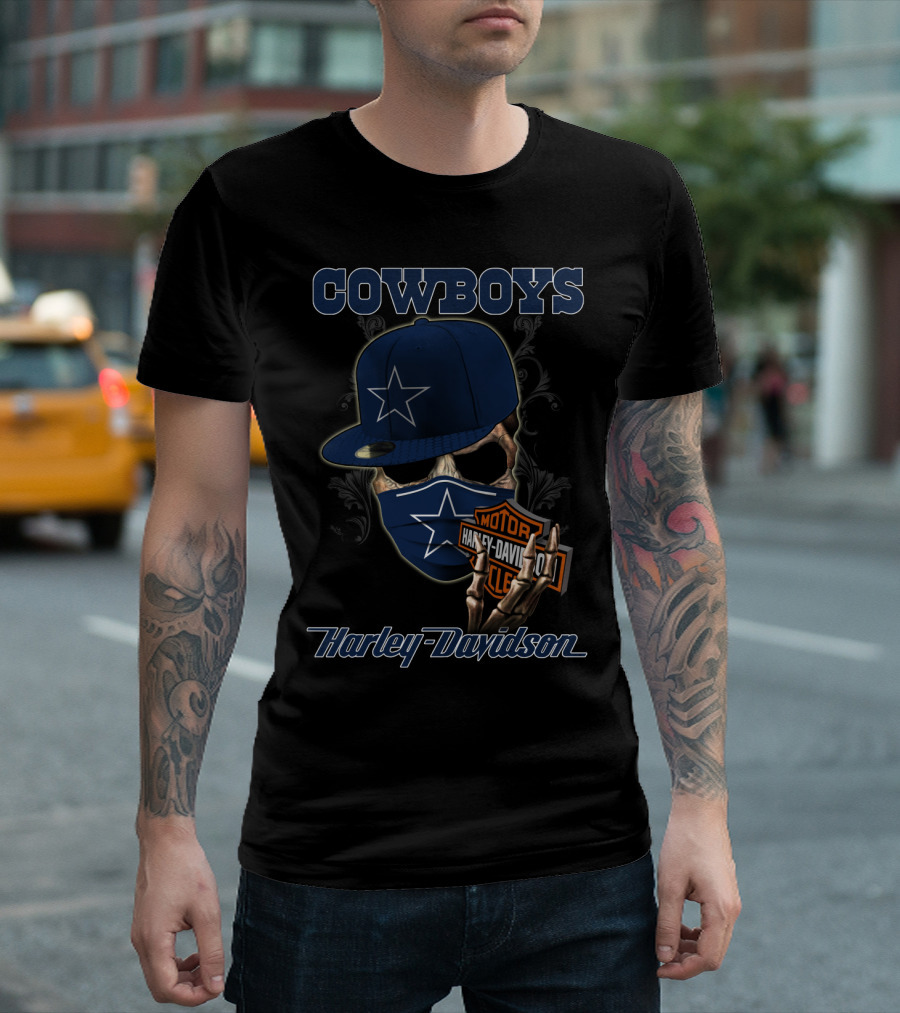 Cowboys Harley Davidson Skull With Cap And Mask Nfl Dallas 04.13 T-Shirt