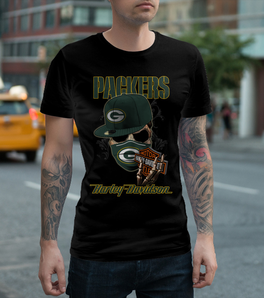 Packers Harley Davidson Skull With Green Bay Packers Cap And Bandana T-Shirt