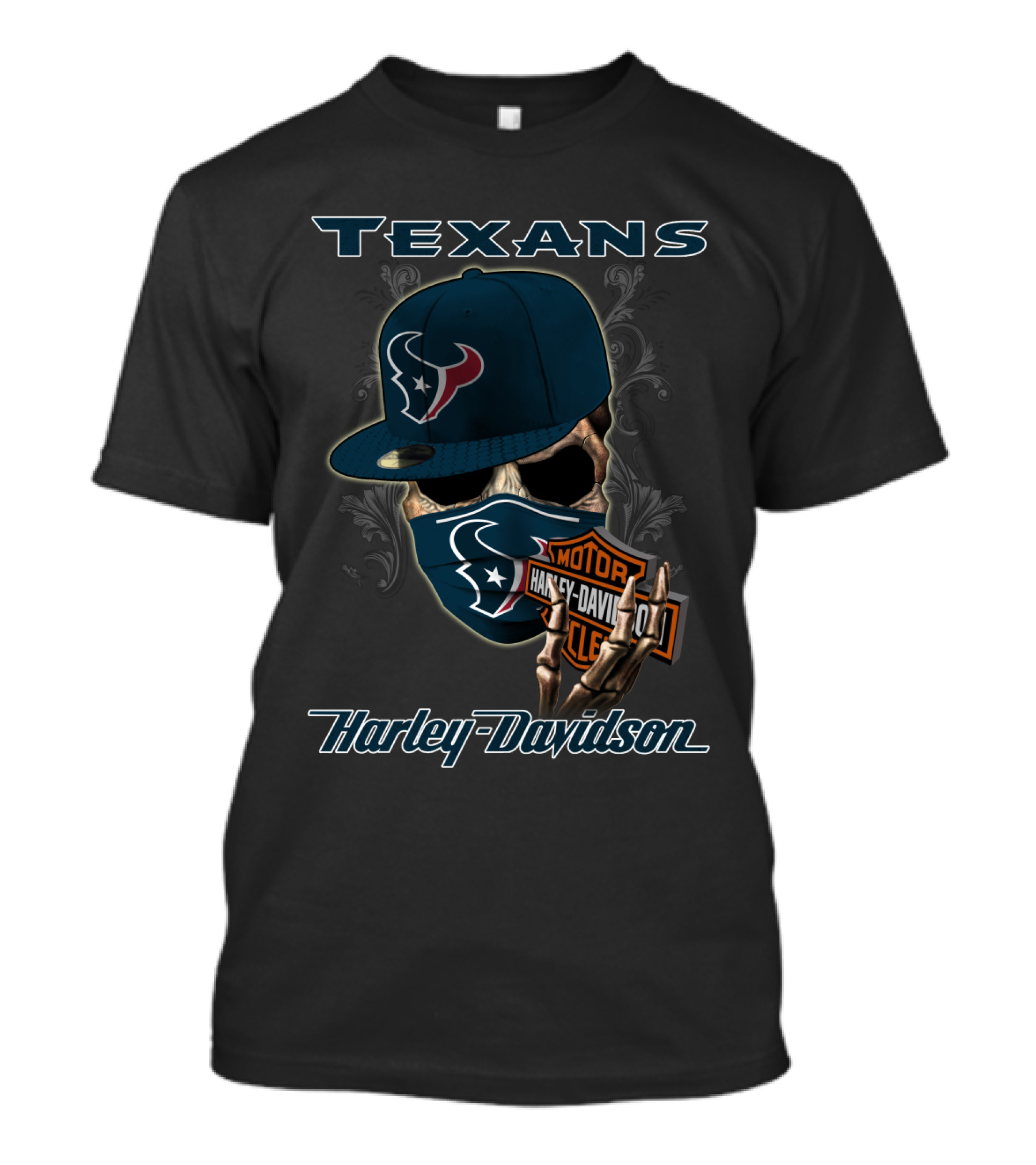 Texans Harley Davidson Skull With Cap And Bandana Nfl Houston Texans T-Shirt